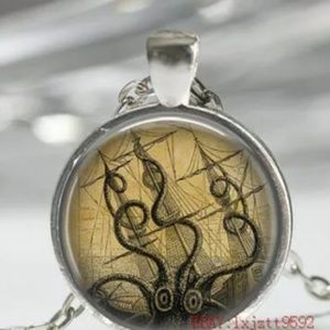 Octopus Kraken Ship Nautical Silver Dome Necklace